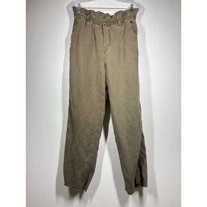 Aerie Women Linen Blend Paperbag Waist Pants Medium Olive Green Brown Raw Hem